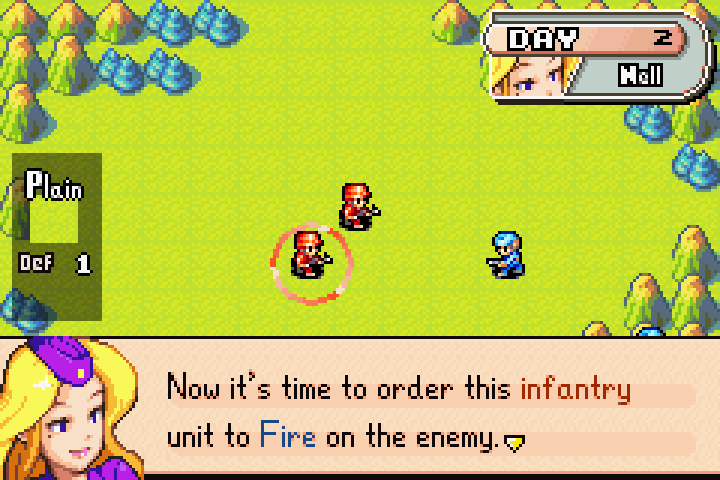 Nell prompts the player to select the leading Orange Star infantry unit to attack