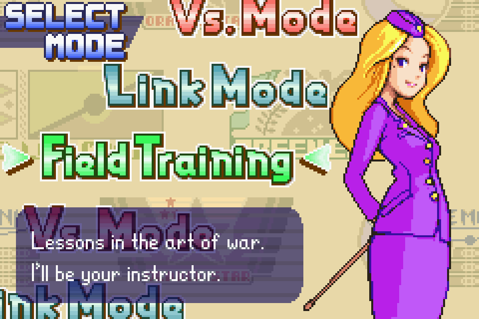 Mode Select Menu showing Field Training, Vs. Mode, and Link Mode options