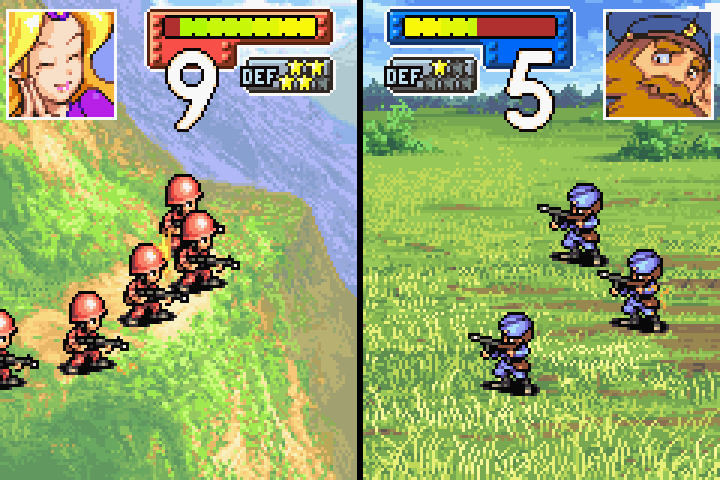Infantry attacking the second mech positioned on a mountain to demonstrate terrain defense reduction