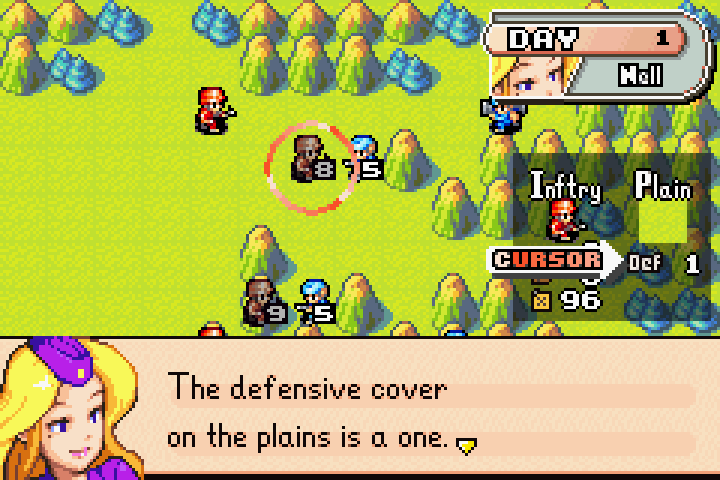 Nell explaining that higher defensive cover means less damage taken, using mountains as the example