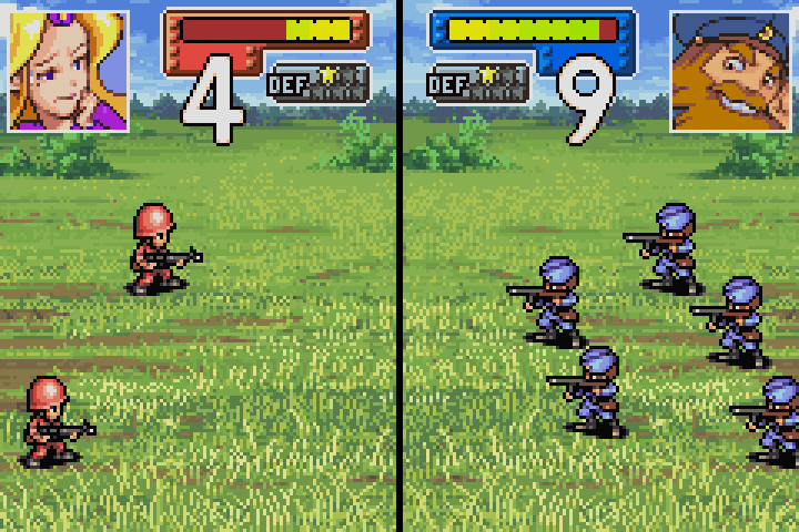 Olaf’s second mech attacks an Orange Star infantry on mountain terrain, dealing noticeably less damage