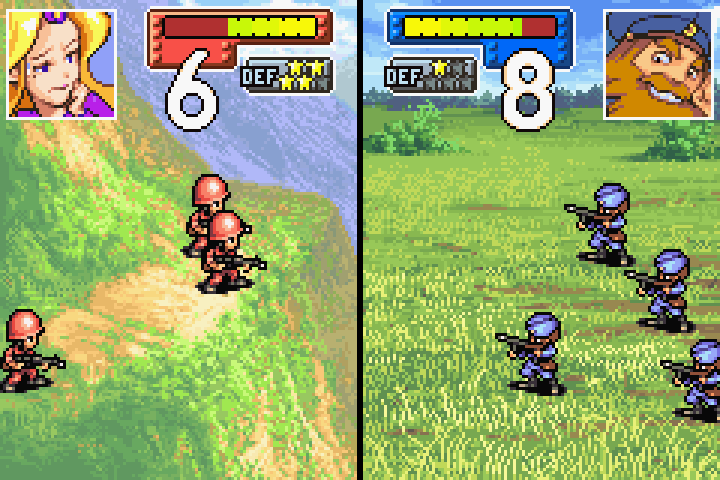 Post-attack HP comparison: infantry on mountain survives with more HP due to terrain defense