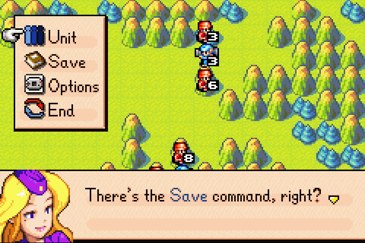 Map Menu open with the Save option highlighted, showing mid-battle save functionality