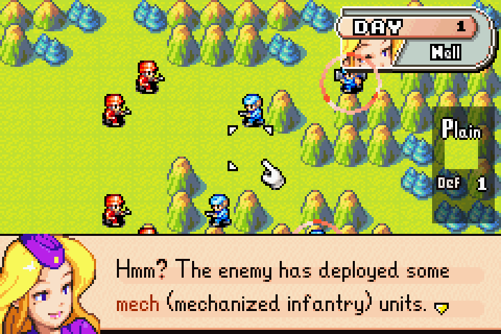 Nell spotting Blue Moon mech units deployed in the field — mechs have more firepower than standard infantry