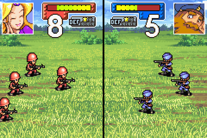 Post-combat HP display after infantry vs. mech exchange on plains terrain