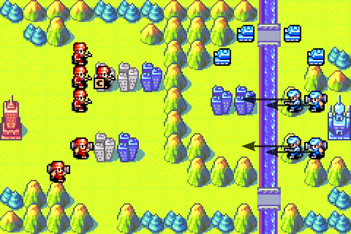 Olaf’s tanks stay put while his infantry advances — tanks cannot cross the mountains or rivers separating them