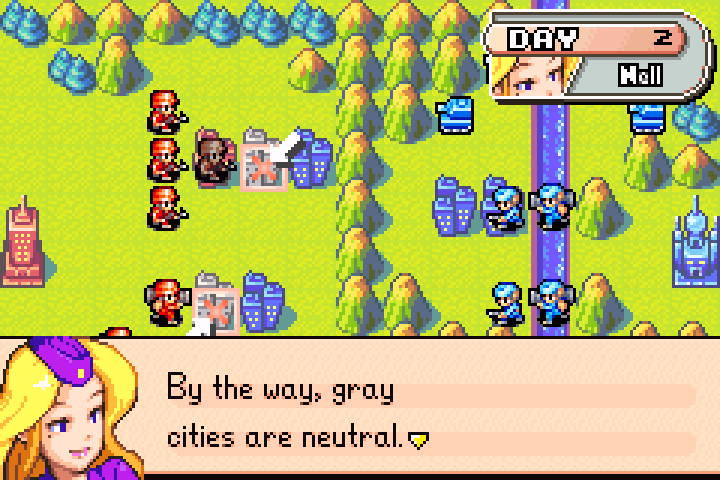 Nell explaining that units stationed in captured cities recover 2 HP per turn
