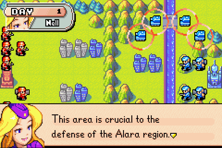 Day 1 map with Nell dialogue about enemy troop deployment in the Alara region
