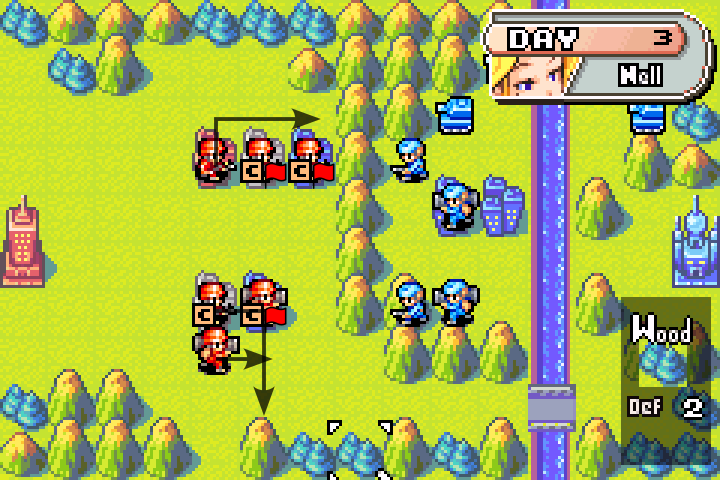Day 3 defense line fully set up, mech positioned just outside enemy movement range to guarantee counterattack