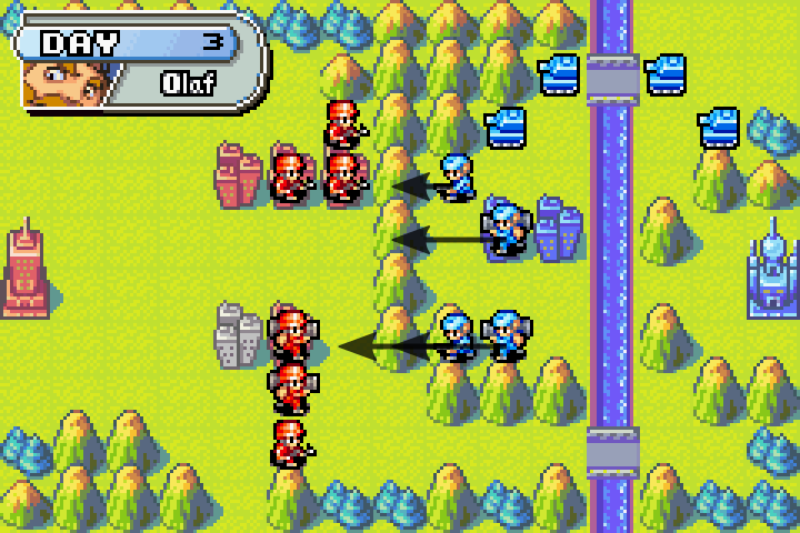 Olaf’s units walk past Orange Star’s defense line without attacking — tutorial handicap in effect