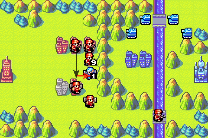 Targeting the 1 HP mech before setting the tank trap — clearing it with the first attack