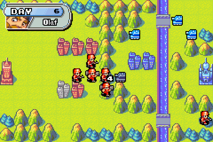 Olaf’s tank attacks the infantry bait on the mountain — 6 damage dealt, but infantry survives with terrain defense