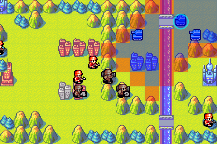 Day 7 planning: terrain limits the second tank’s approach to a single mountain tile, guaranteeing one-at-a-time engagement