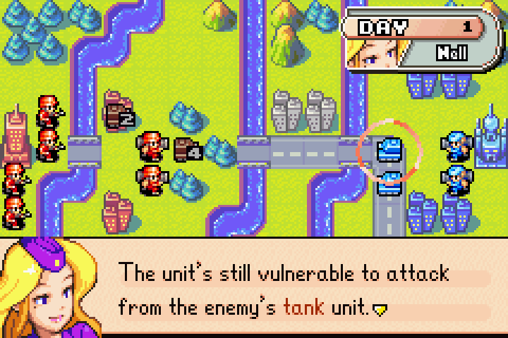 Nell demonstrating how to hold B Button to display a unit’s attack range in red