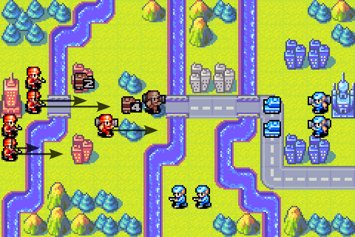 All units advanced — mechs forming a wall, infantry heading south to intercept Olaf’s flanking infantry