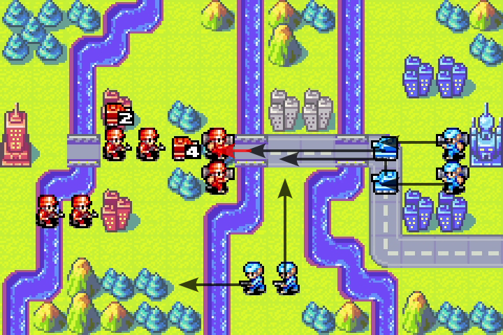 Olaf’s tank targeting the Orange Star mech on a wood tile from a bridge position