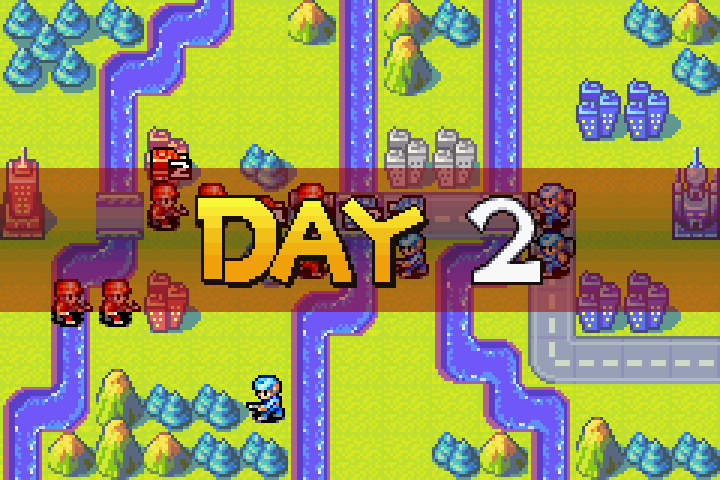 Day 2 map — mechs took hits from Olaf’s tanks while the damaged tank continues repairs on the city