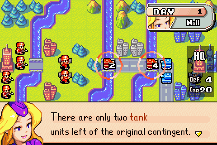Map showing the two surviving but heavily damaged Orange Star units in the field