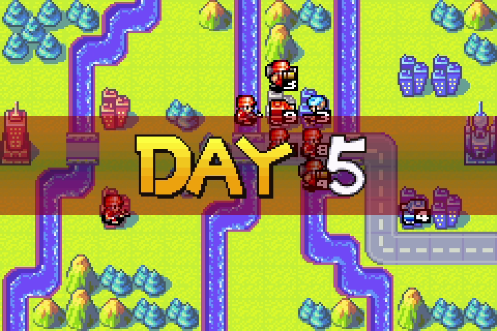 Day 5 map — only Olaf’s lone 4 HP tank remains on a city; time to end the mission