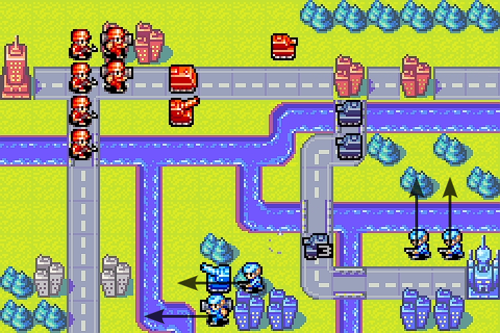 Olaf’s mech and an infantry moving south toward the neutral cities