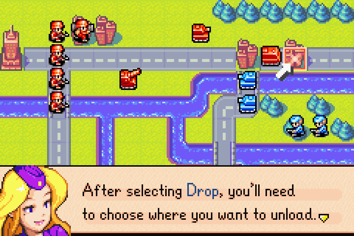 “Drop” command selected from menu — executing the unload to place the mech on the city