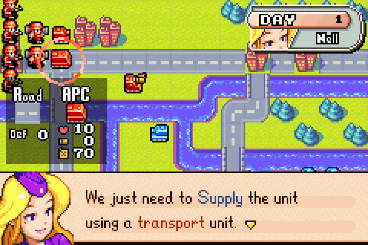 Nell explaining the APC’s Supply command — it refills ammo and fuel for adjacent units