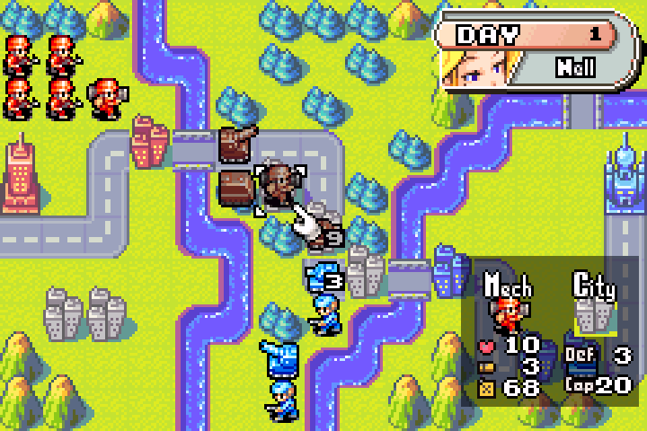 Tank attacking enemy tank; mech deployed on city; artillery advancing — strong Day 1 opening