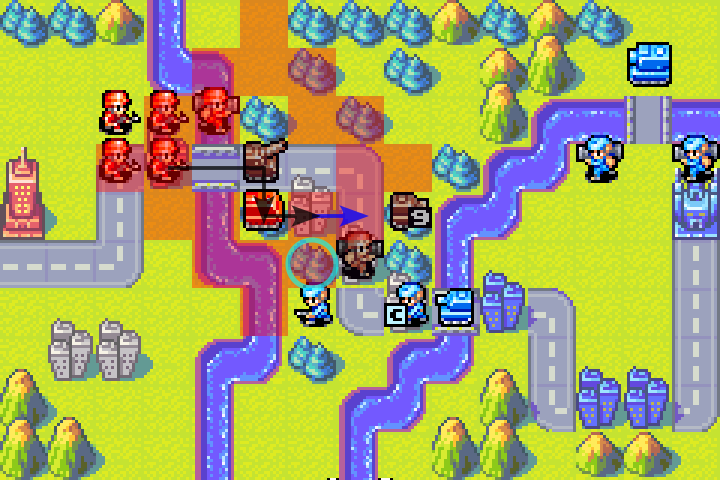 Teal circle marking the trap tile — the spot west of our mech where Olaf’s tank should be lured