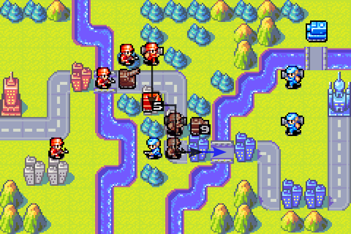 APC loading mech and dropping it at the bridge — safe from enemy mechs; infantry advancing east
