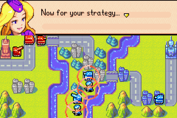 Nell highlighting the enemy units between the rivers — focus targets for tanks, mechs, and artillery