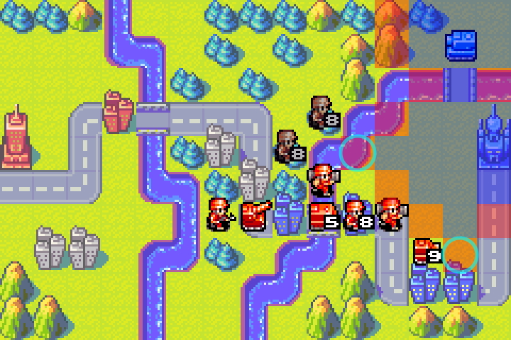 Two teal-circled tiles showing valid trap locations — the plain above the southern city is optimal for infantry defense