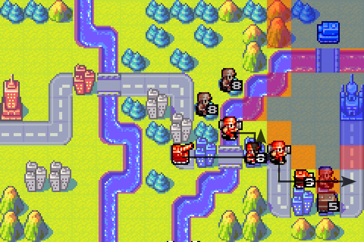 All units repositioned to be in range of the trap tile — artillery, mechs, and tank ready to strike