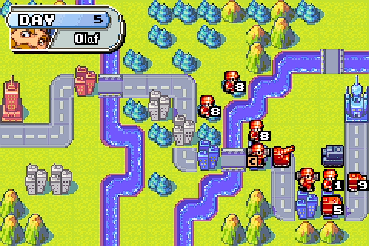 Olaf’s medium tank exposed on the trap tile — artillery, two mechs, and our 9HP tank all in range