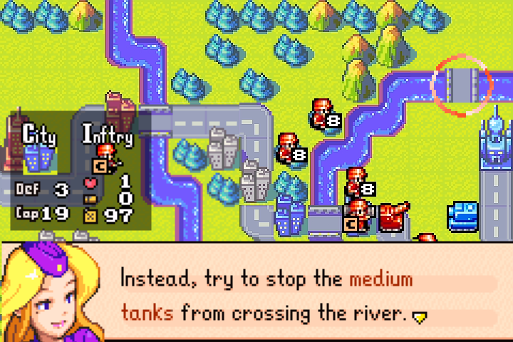 Nell’s dialogue — medium tank has already crossed the river; she suggests capturing the HQ instead