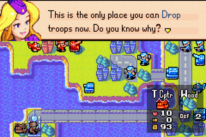 Nell asking where to drop the infantry, noting that only one adjacent tile is valid land