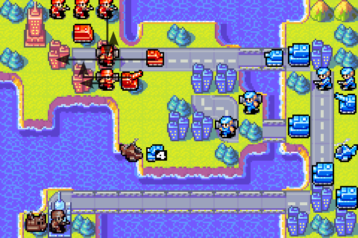 Orange Star forces pulling back to the choke point, swapping mech for infantry to preserve mech HP