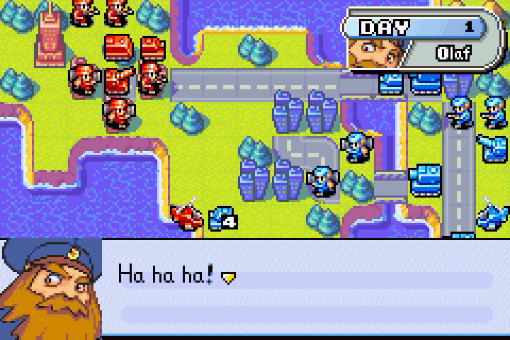 Olaf gloating that Orange Star has no medium tanks and ordering his troops forward