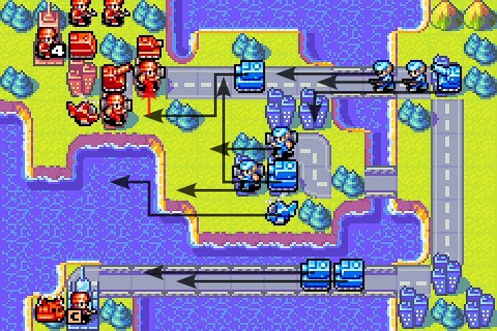 Olaf’s medium tanks advance and attack an Orange Star unit, dealing heavy damage