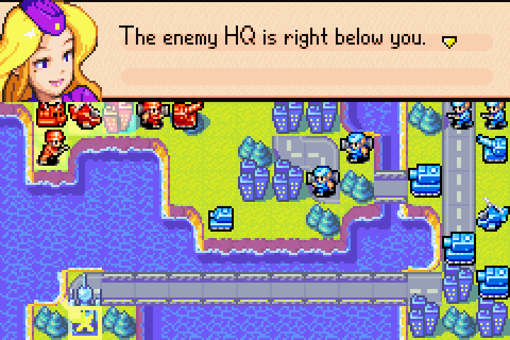 Nell explaining that infantry units cannot cross the sea separating Orange Star from Olaf’s HQ