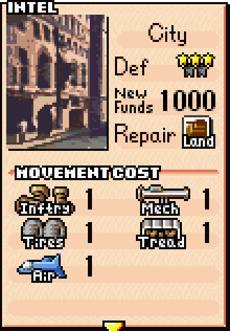 City terrain stats card showing 3-star defense and benefits: funds, supply, and HP recovery for ground units