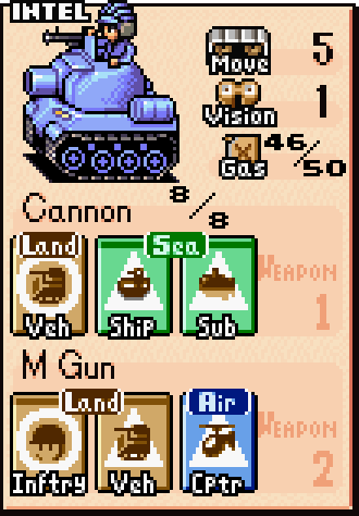 Medium Tank stat card — 16,000G cost, high firepower against all ground units