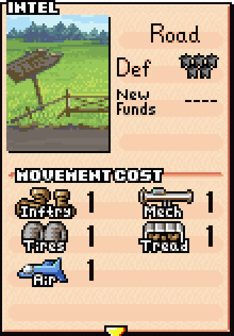 Road terrain stats card showing 1 movement cost and 0 defense stars