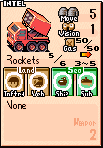 Rocket unit stats card showing cost, movement range, and indirect fire attack range of 3–5 tiles