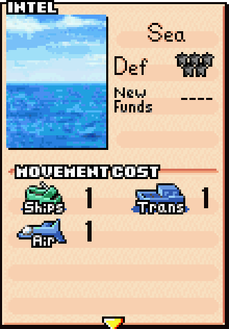 Sea terrain stats card showing movement cost and defensive cover