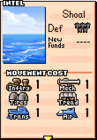 Shoal terrain stats card showing movement cost and defensive cover