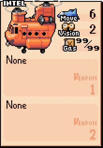 Transport copter stats card showing cost, movement range, and combat capabilities