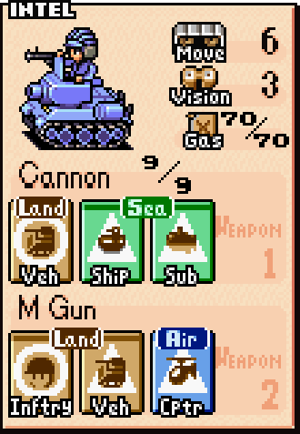 Tank unit stats card showing 7000G cost, movement of 6, and strong damage against most ground units